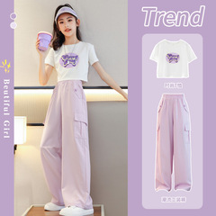 女童夏裝套裝2024新款兒童短袖闊腿褲網紅洋氣夏季女大童運動童裝