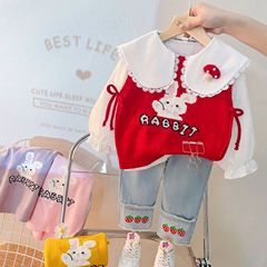 童裝女童秋裝套裝新款女寶寶春秋季襯衫洋氣馬甲牛仔褲三件套2038