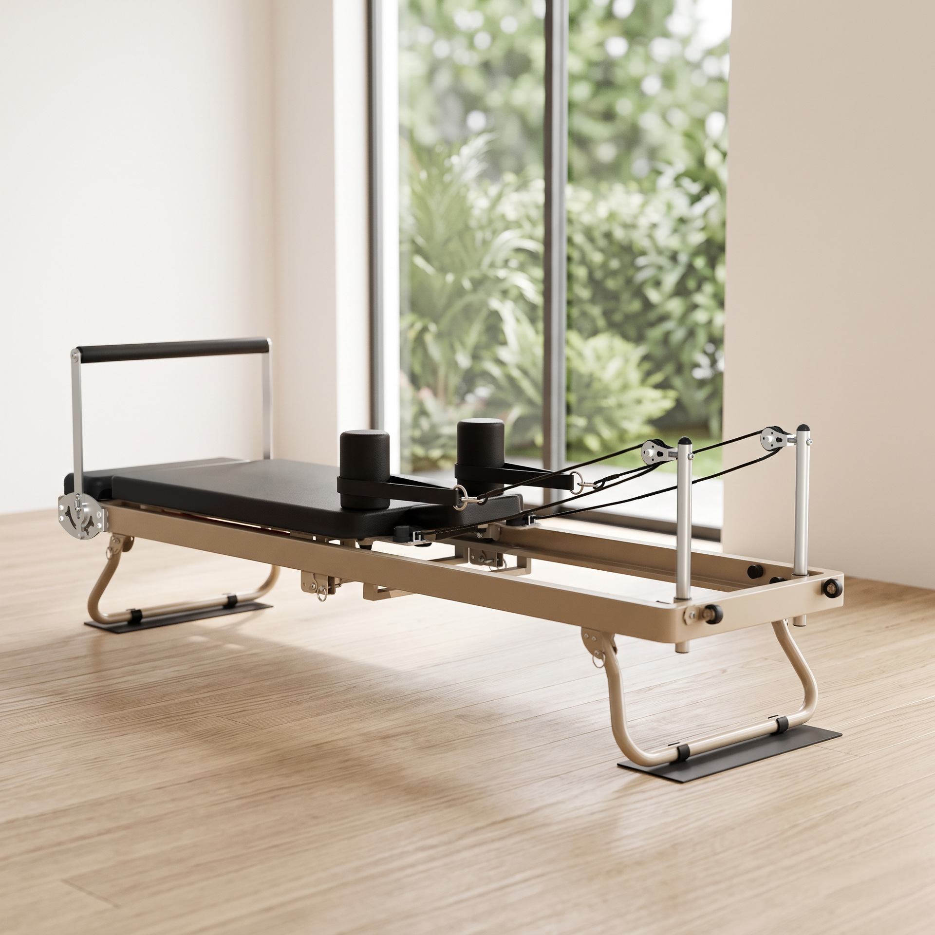 New model of home-use Pilates core bed in khaki color, foldable bed for yoga posture adjustment and fitness equipment
