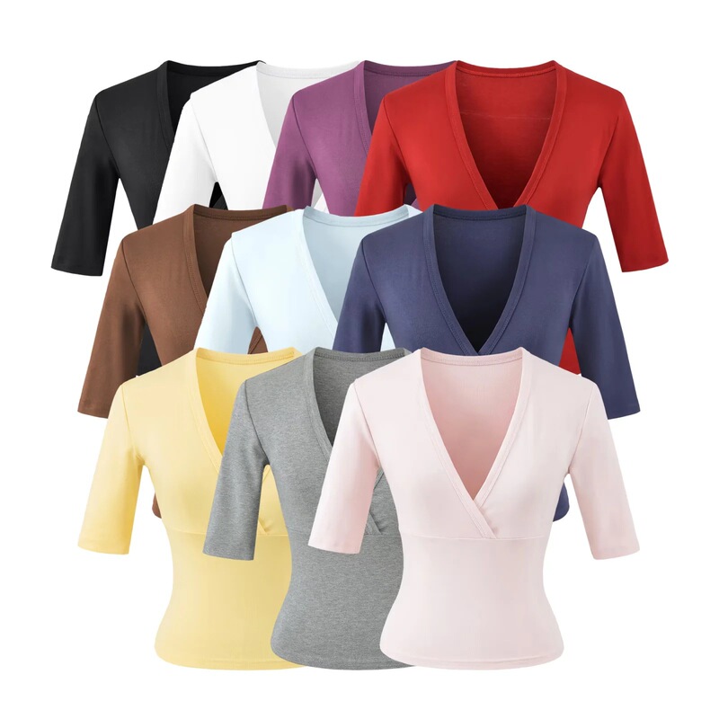 American-Style Spicy Girl Cross V-Neck High-Waisted Mid-Sleeve T-Shirt for Women, New Summer Design, Waist-Cinching, Slimming Short Top