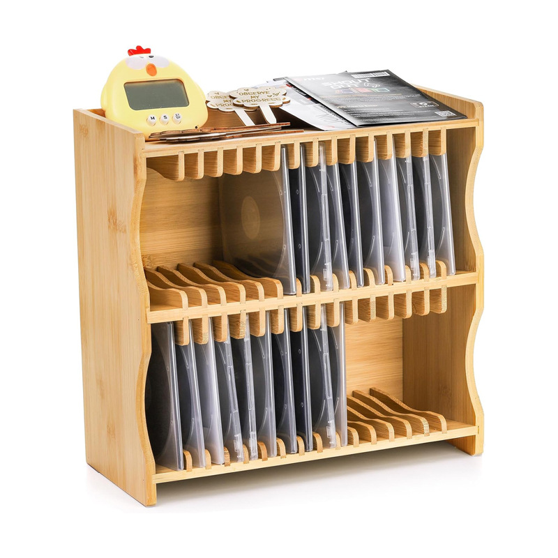 Rack de almacenamiento de bambú de alta capacidad de doble capa de discos CD-CD rack de almacenamiento de archivos de oficina de la organización de cartas de bambú rack de madera