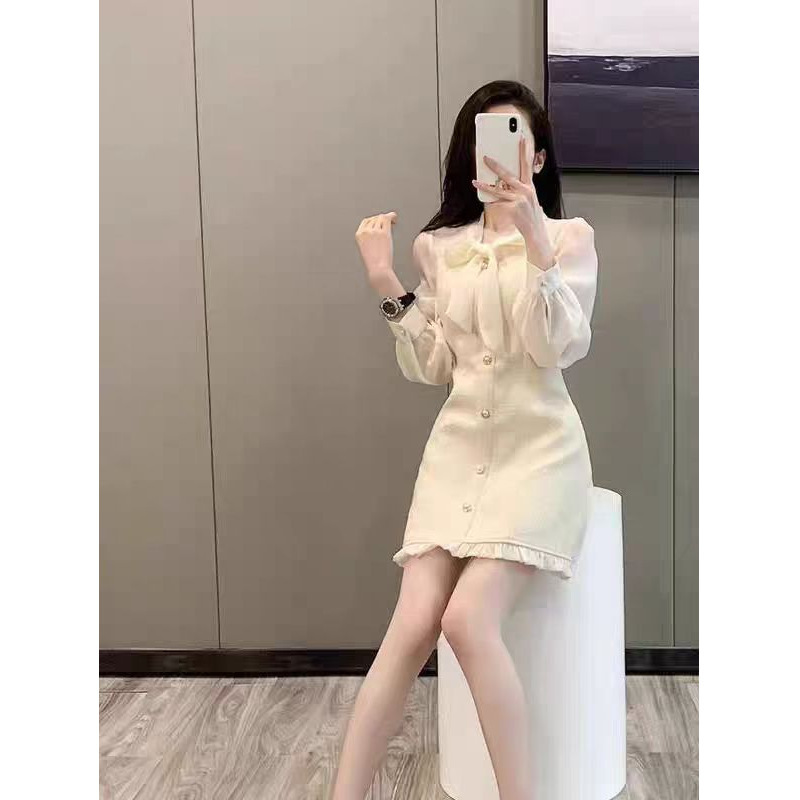 高级感法式小香风连衣裙女2025春秋杏色感端庄大气质名媛长袖裙子|undefined
