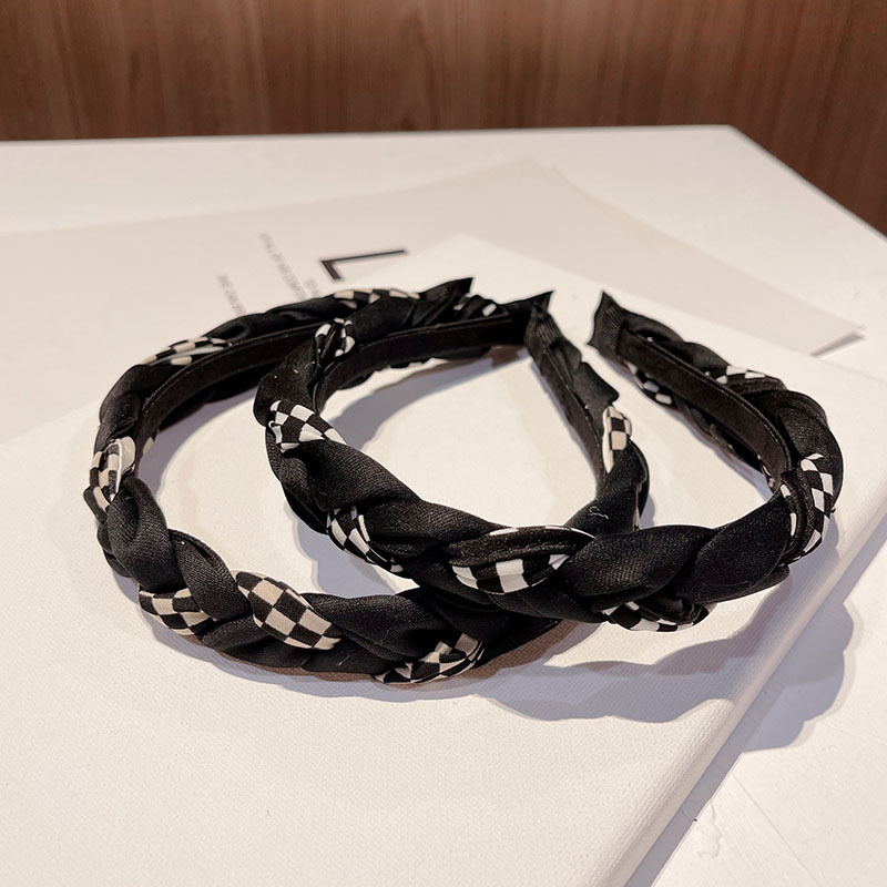 黑色千鸟格增高颅顶显脸小交叉褶皱麻花发箍编织洗脸头箍发卡发饰