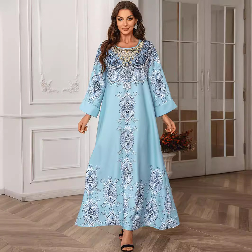 ZD024 Middle Eastern And European Cross-border Foreign Trade Muslim Printed Robe Abaya Beaded Round-neck Dress Gown_ecoleips.com