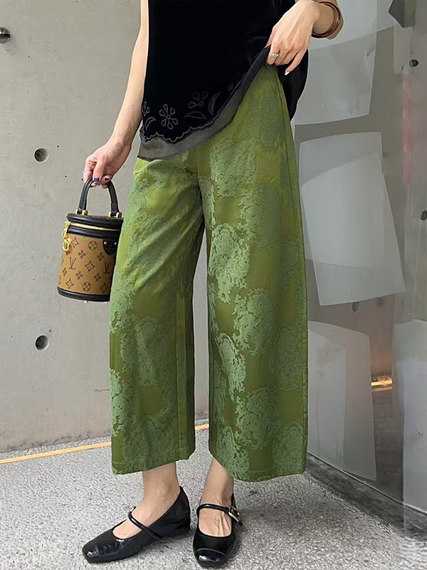 新中式国风直筒裤女裤2025早秋浮雕人丝复古提花高腰后松紧休闲裤|undefined