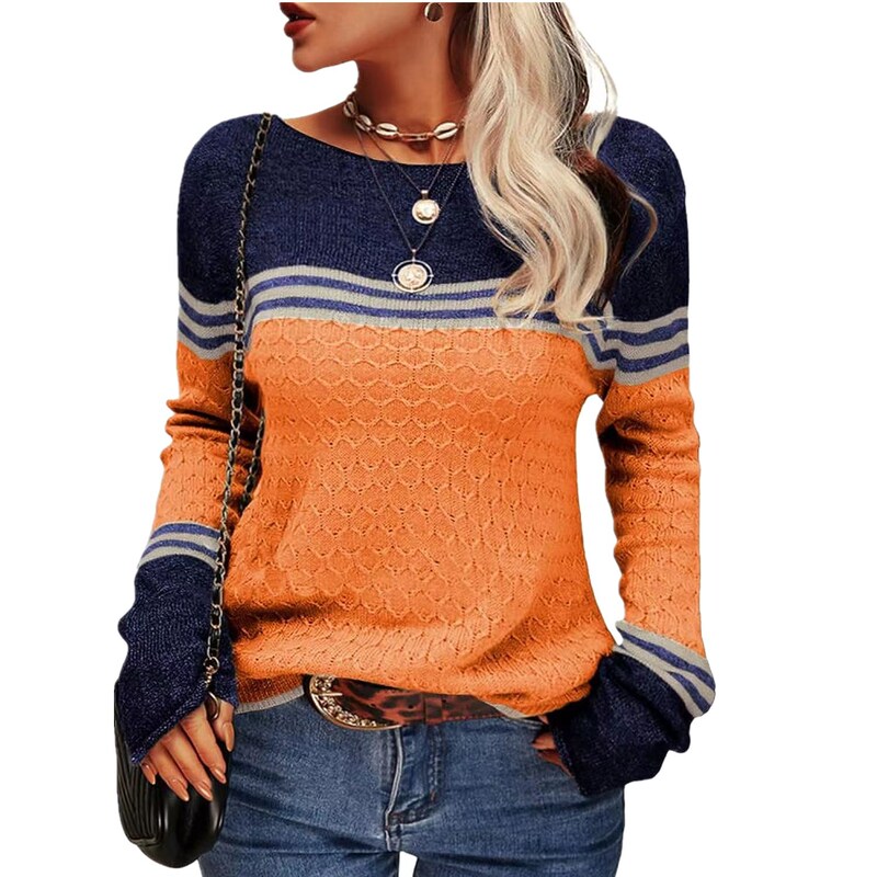 European and American Cross-Border 2026 Autumn and Winter New Fashion Crochet Long-Sleeve Top Striped Color-Blocking Round-Neck Knitted Sweater for Women European and American Cross-Border 2026 Autumn and Winter New Fashion Crochet Long-Sleeve Top Striped Color-Blocking Round-Neck Knitted Sweater for Women