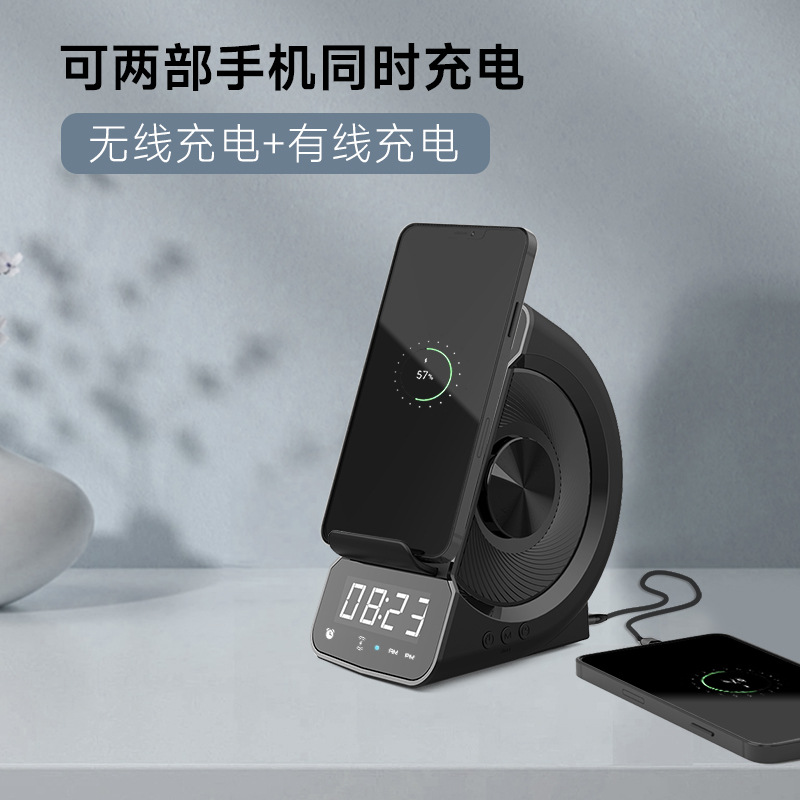 Nuevo modelo privado de carga inalámbrica altavoz bluetooth amazonas teléfono móvil de audio mesita de noche reloj despertador bluetooth audio