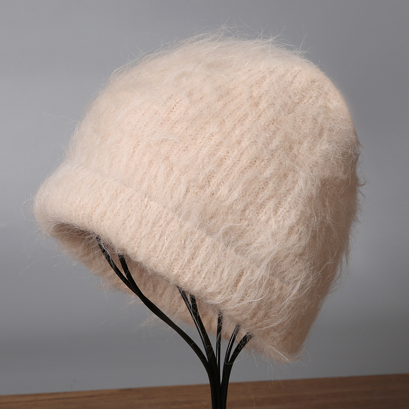 Mũ len beanie nữ lông cừu giữ ấm, vành tai bảo vệ, cỡ đầu lớn — màu be