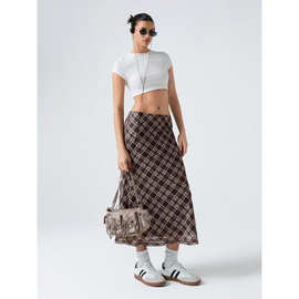 T 21078 Brown check high-waist midi skirt 棕调格纹高腰半身裙