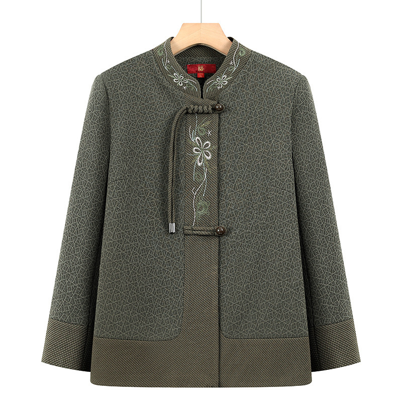 Middle-Aged and Elderly Women's New Long-Sleeved Embroidered Jacket Cardigan Large Size Blouse Mother-In-Law Simple Clothes for the Elderly