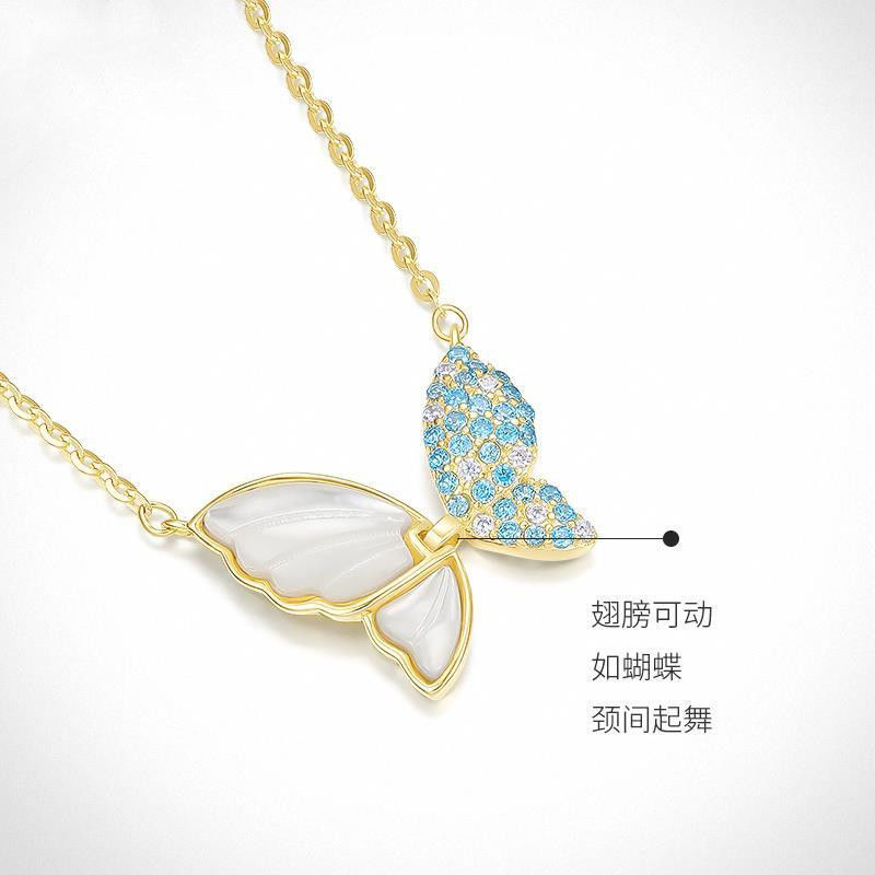 Butterfly Flapping Necklace Wings Butterfly Female Blue White Zircon Mother ins Niche Design Sense Female