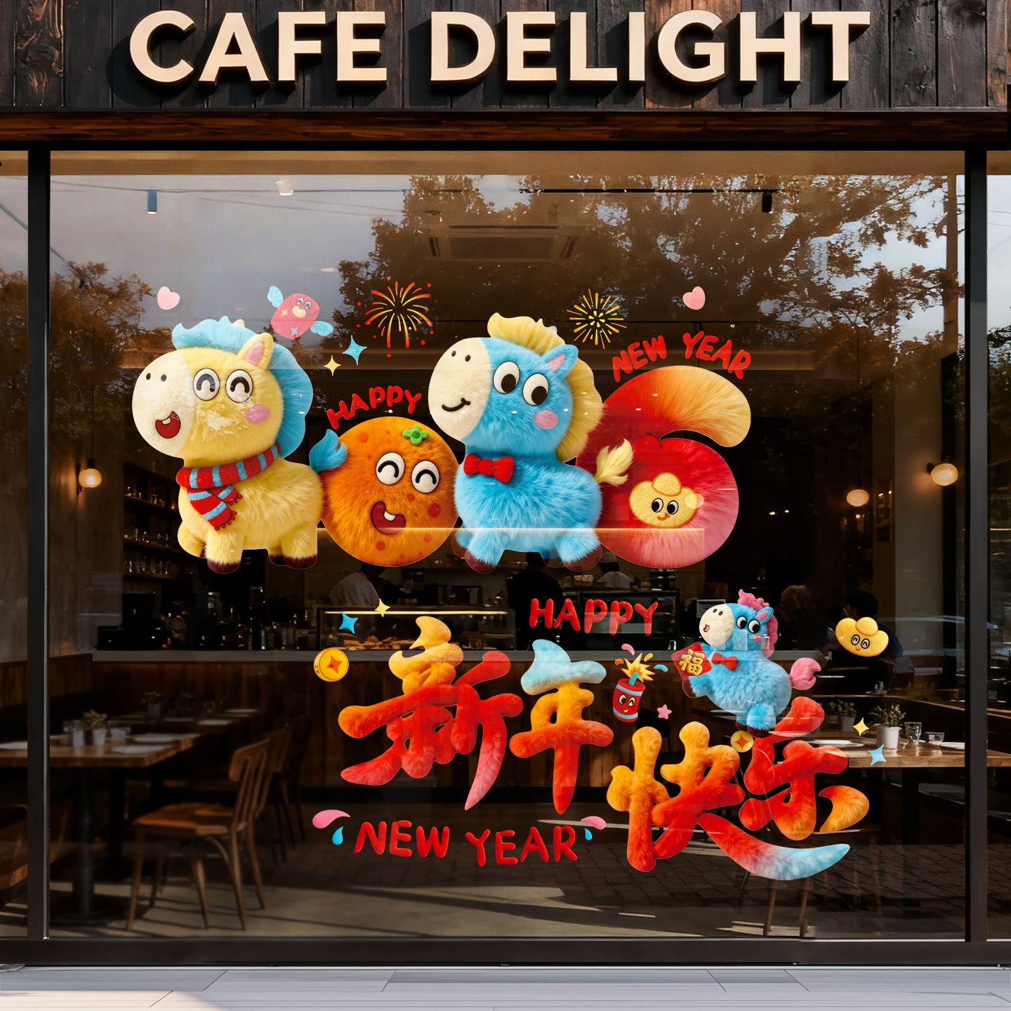 2026马年卡通毛绒静电玻璃贴5D新年橱窗玻璃年画窗户贴纸年货批货