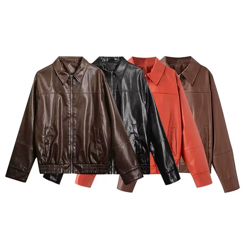 Женская одежда PB&ZA 2025 Весна Новый французский дизайн модная универсальная текстурированная кожаная куртка 4391864
