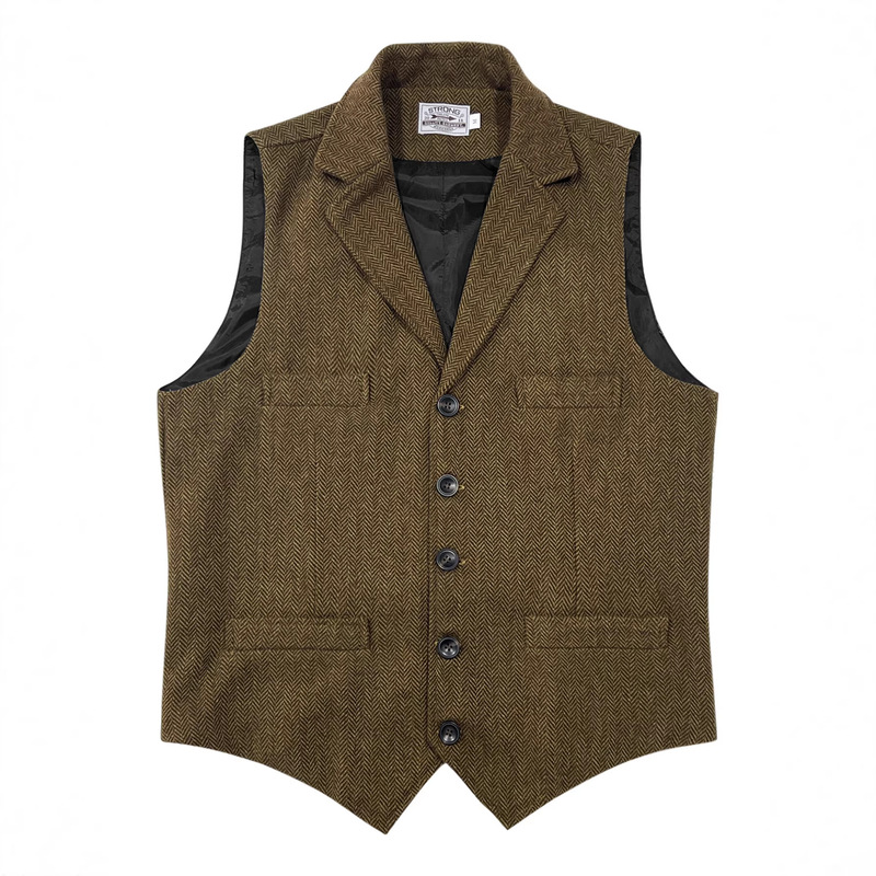 Men's Retro Vest Wool Tweed Casual British Style Business Suit Vest Winter Vest Herringbone Pattern