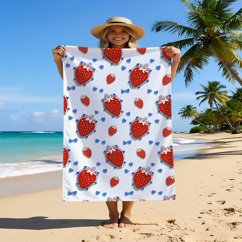 White Background Strawberry Print Beach Towel, Summer Quick-Dry Absorbent Bath Towel, Fun Vacation Style Seaside Towel