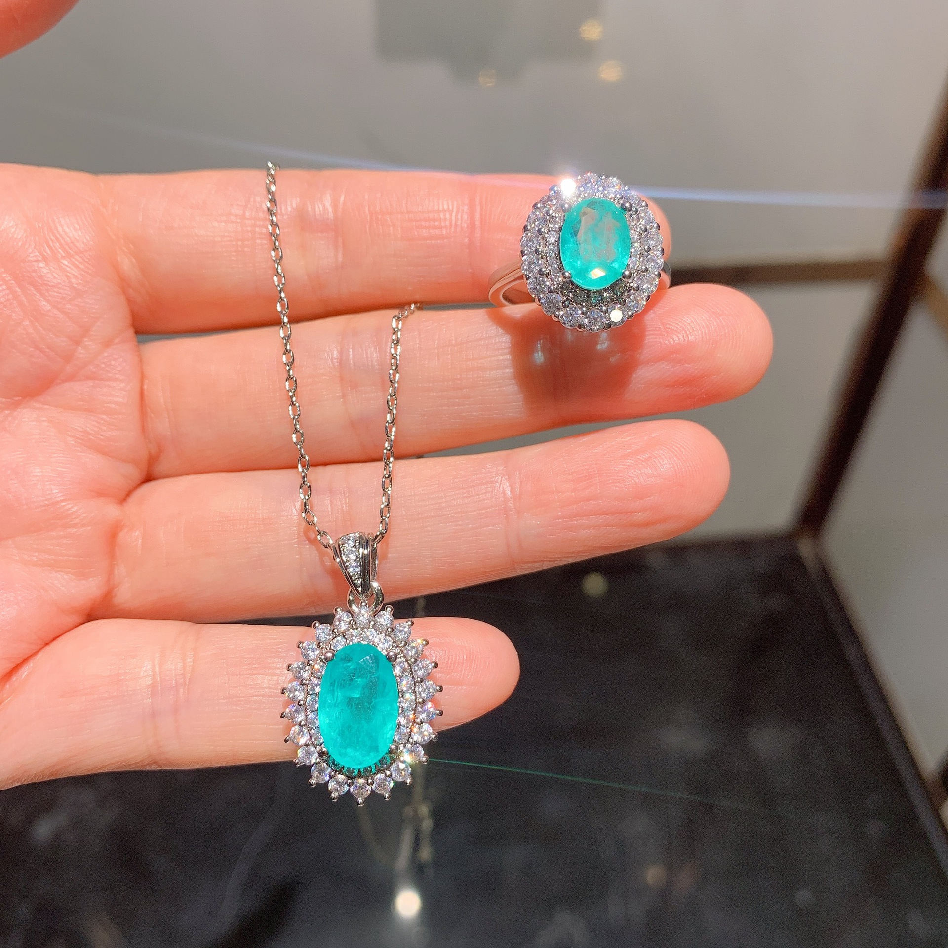 Paraiba Pendant Necklace With Micro Pave High Carbon Diamond Rings_voghion.com