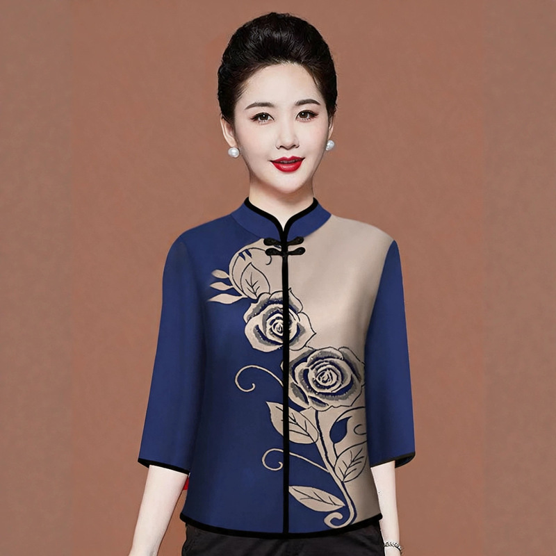 Three-Quarter Sleeve Improved Cheongsam with Traditional Chinese Style Button-Down T-Shirt for Women, Retro Print Ethnic Style Loose Slimming Top for Women