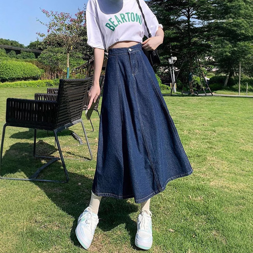 Women's High-Waisted Denim A-Line Medium-Length Full-Skirted Swing Dress - Slimming and Versatile - 2025 Summer New Arrival with Elastic Waist