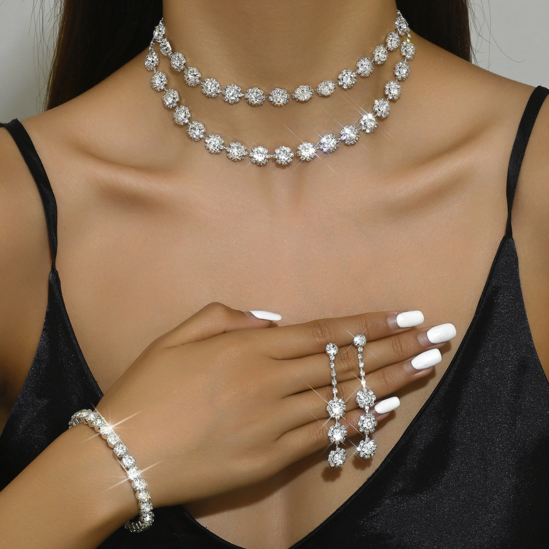 2025 New Hot Selling Temperament Bridal Jewelry Set Double Layer Sunflower Rhinestone Necklace Earrings Bracelet Set