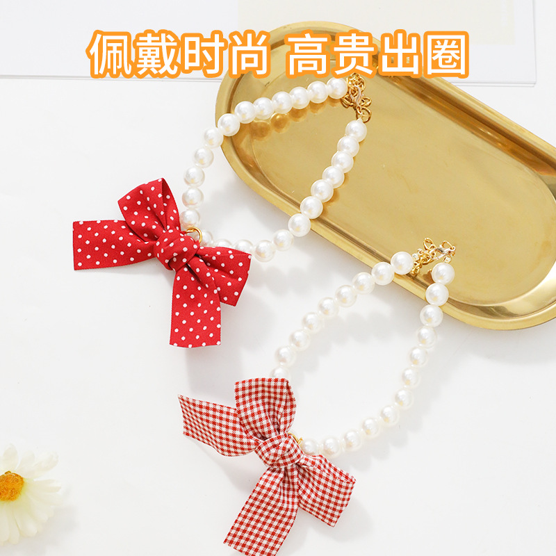 Colgante de amor de perlas Collar para mascotas Perla de imitación Encaje británico Collar para mascotas con lazo de perlas