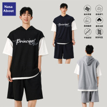 NASA美式运动美式潮牌针织2025夏季男新款宽松半袖五分袖短裤套装