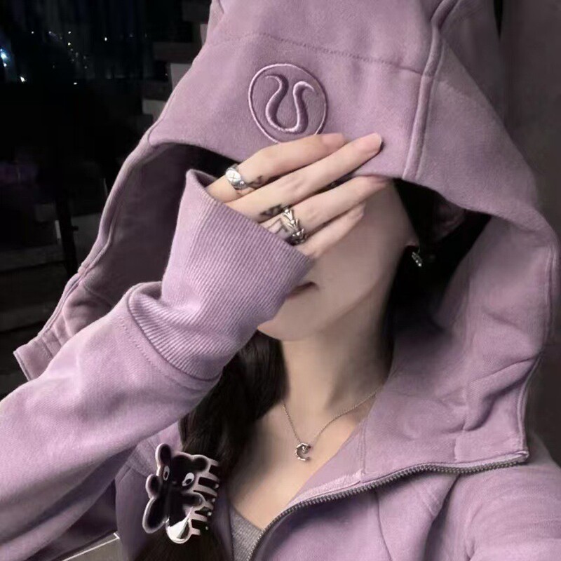 Lulu Original Label Embroidered Scuba Slim Fit Full Zipper Thin Velvet Hooded Cardigan Sweatshirt Casual Sports Jacket for Women Lulu Original Label Embroidered Scuba Slim Fit Full Zipper Thin Velvet Hooded Cardigan Sweatshirt Casual Sports Jacket for Women