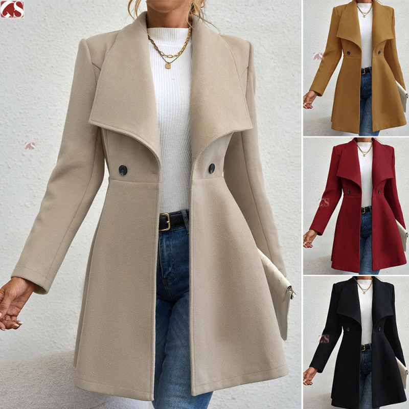 A Stylish Long Woolen Coat With A Fitted Collar For Autumn And Winter, Featuring A Fashionable Turned-Down Collar For Wo_ecoleips.com