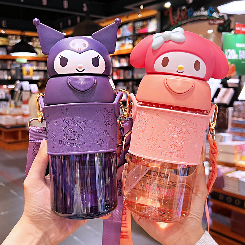 Ecos Three Lio Plastic Water Cup for Girls Summer with Straw Children Cartoon Crossbody Convenient Large Capacity Space Cup