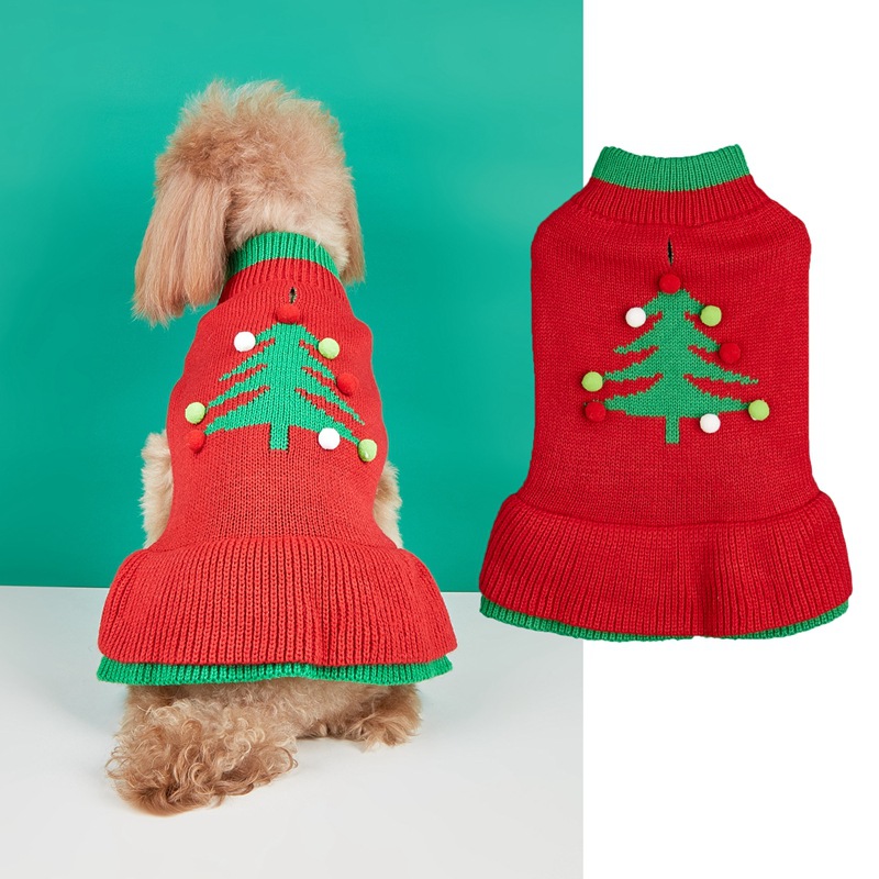 Weihnachtsurlaub Haustier Winterkleidung Gestrickter roter Weihnachtsbaum Weiß gepunkteter Doppelrock Pom Pom Pullover Kleid_voghion.com