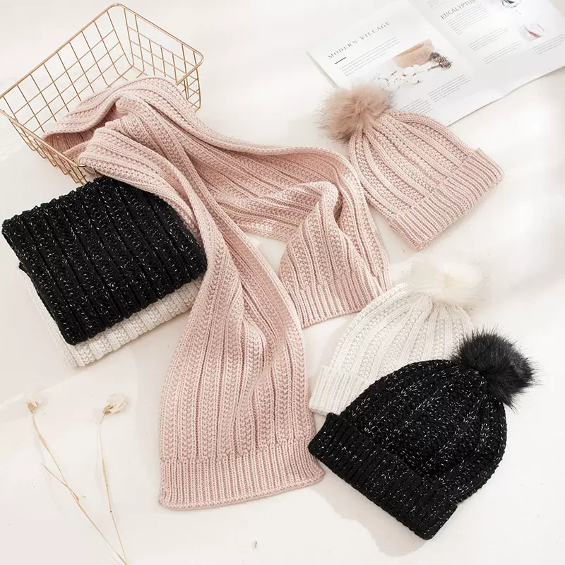 秋冬季帽子女时尚加绒加厚毛线围脖两件套户外保暖针织帽加厚保暖