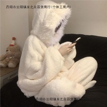 可爱毛绒绒连帽珊瑚绒睡衣女冬季新款加绒加厚保暖大码家居服套装
