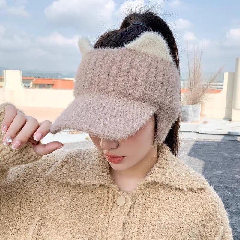 Korean hat with a high ponytail autumn and winter women's empty cap plus wool thickened warm knit woolen hat