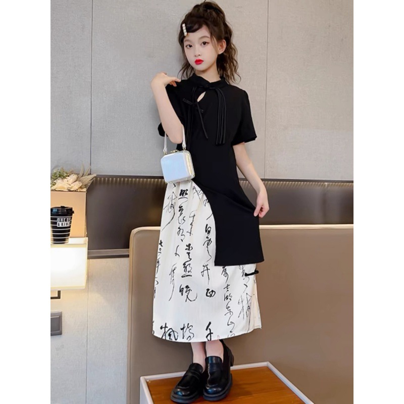 Sommerchinesisch für Mädchen, kurzärmliges Oberteil, Halbrock, Hanfu im antiken Stil, zweiteiliges Qipao-Set für Kinder_voghion.com