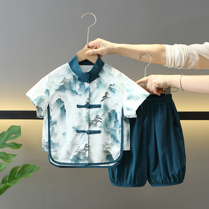 7865 Traje Tang de verano para niños 2025 Nuevos niños Nuevo estilo chino Hanfu de estilo chino Ropa de verano Ropa de rendimiento