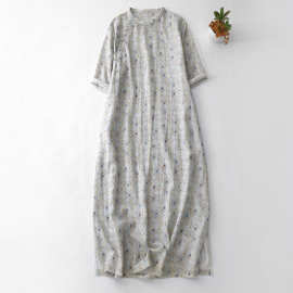 春夏季新款宽松大码女装中式优雅文艺复古印花棉麻改良旗袍连衣裙
