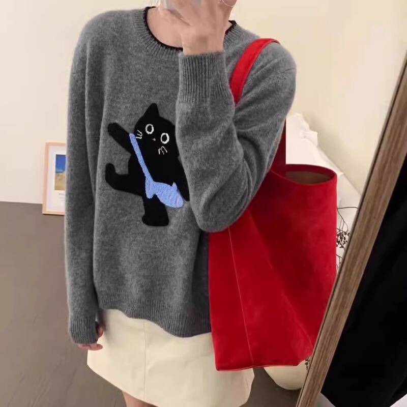 2024 Design New Korean Style Western Style Pullover Sweater Women's Cute Cat All-match Casual Warm Inner Knit Sweater