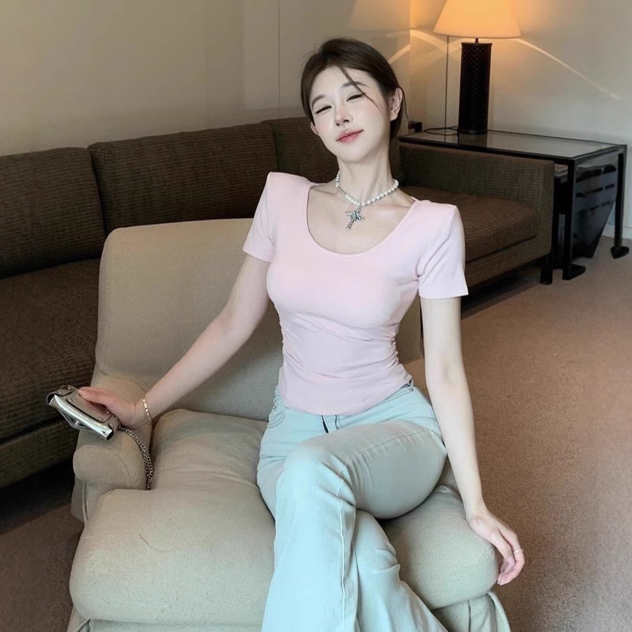 5121#夏季新款甜美少女风蕾丝拼接露背短袖T恤女修身一体式带胸垫
