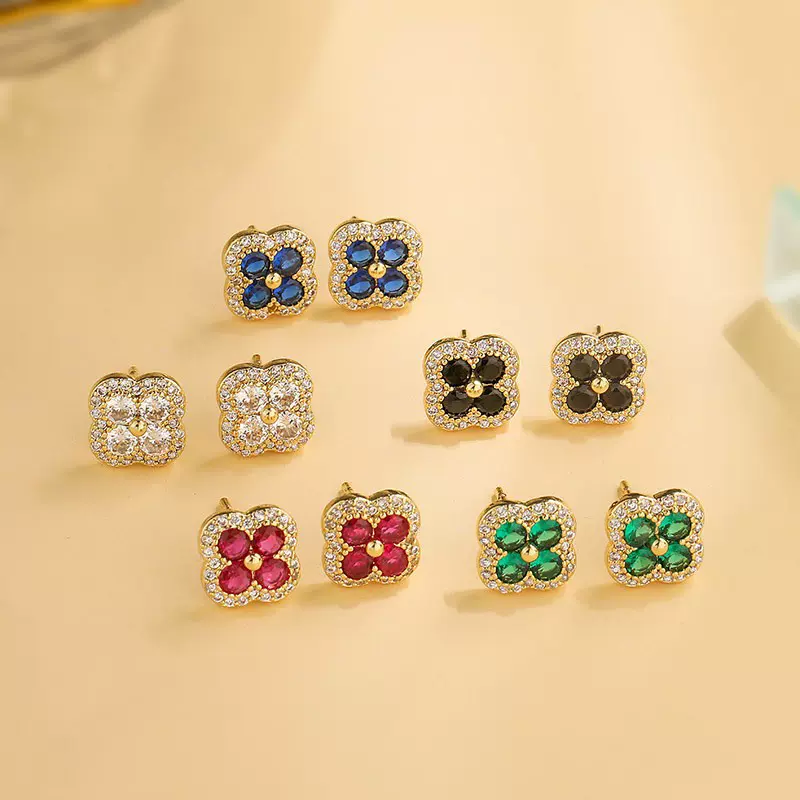 新款时尚小众设计超仙小清新红绿锆微镶锆石四叶草轻奢气质耳钉女