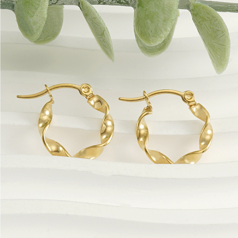 304 Stainless Steel Ear Needle Material 18K Gold Plated Plating Material Hoop Earrings Classification Simple Style Solid Color Twist Titanium Steel Hoop Earrings 1 Pair