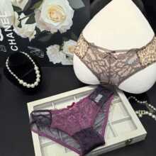 豹纹全蕾丝内裤女包臀 性感网纱透明女内裤镂空