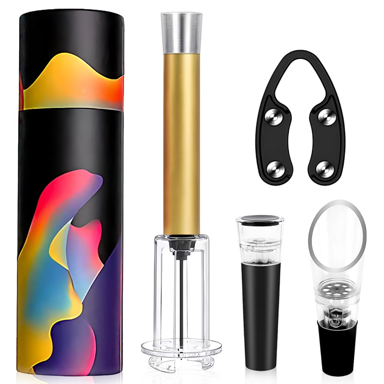 플라스틱 막대 알루미늄 헤드 골드 공기압 병따개 4개 세트(철 와인 푸어러) 드럼