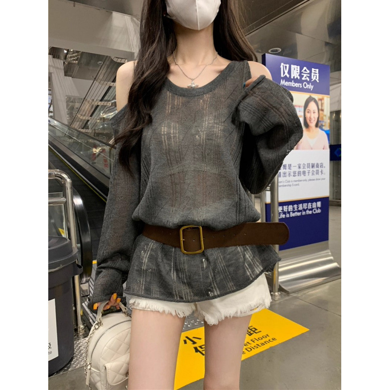 设计感白色露肩长袖恤针织衫女秋季宽松防晒罩衫慵懒松弛感上衣|undefined