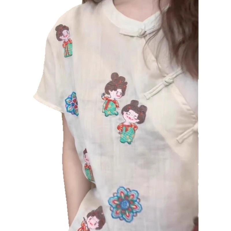 新中式国风时尚白色小糖人衬衫女夏季小个子绝美漂亮上衣唐装汉服|undefined