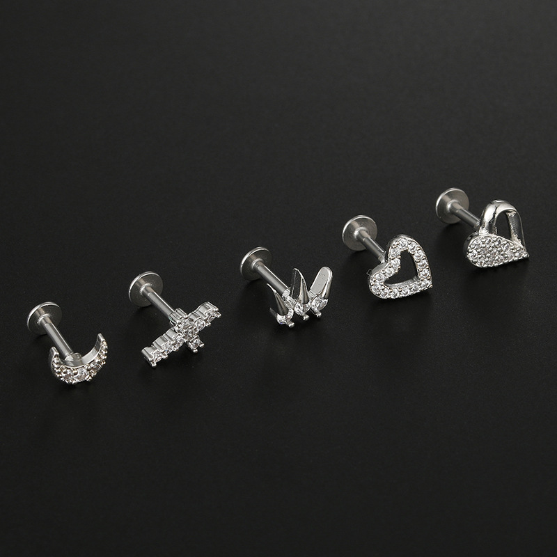 Hip-hop Cross Moon Heart Shape Stainless Steel Inlay Zircon Lip Stud Ear Studs 1 Piece display picture 3