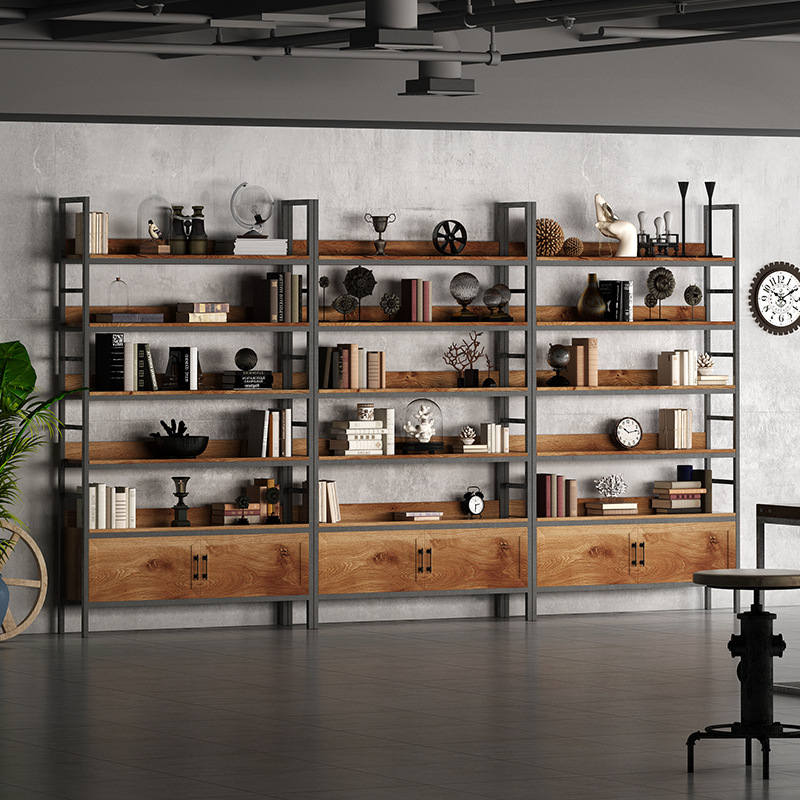 bookshelf to ground simple and easy solid wood Storage rack household to work in an office partition Shelf Study Iron art Bookcase