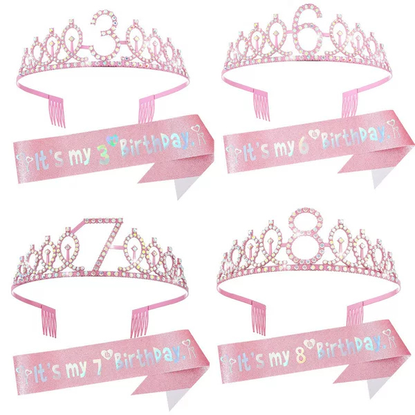 Little Girl Kidsren's Pink Number 3 Years Old, 4 Years Old, 5 Years Old, Crown Birthday Suit, Headband, Pink Ribbon Etiquette