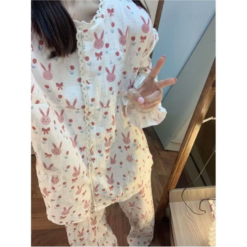 夏季纯欲风蝴蝶结长袖长裤睡衣女薄款夏天休闲少女居家可外穿套装|undefined