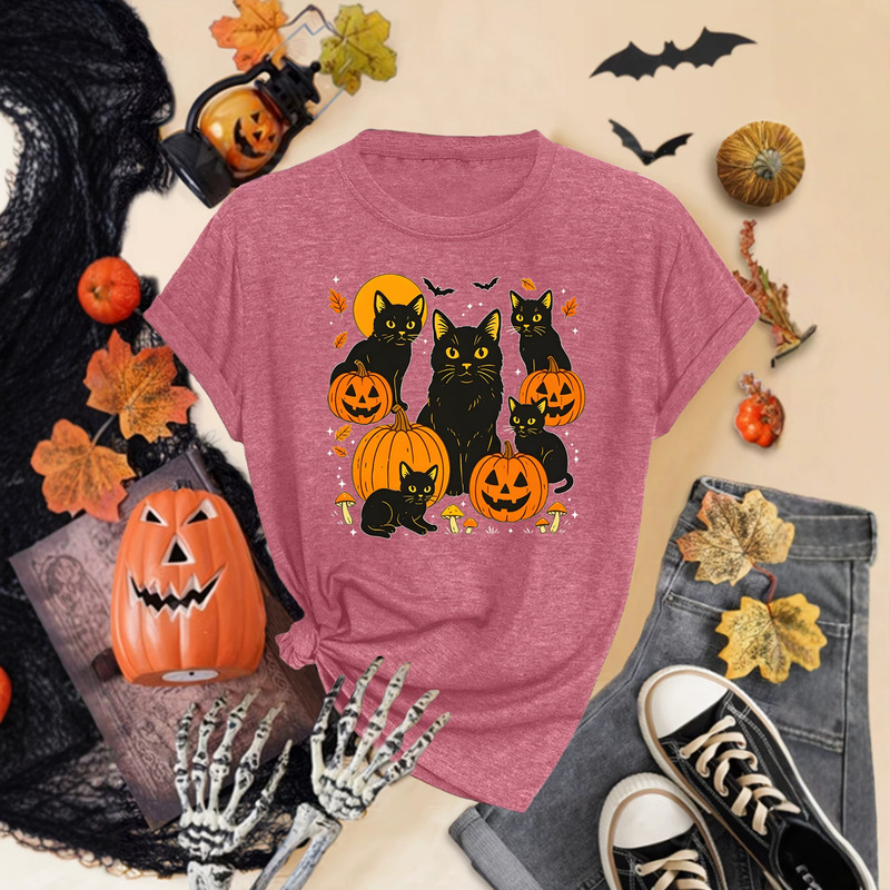 Halloween-themed pattern print fashion casual short-sleeve T-shirt, round-neck women's T-shirt, comfortable and breathable women's top Halloween-themed pattern print fashion casual short-sleeve T-shirt, round-neck women's T-shirt, comfortable and breathable women's top
