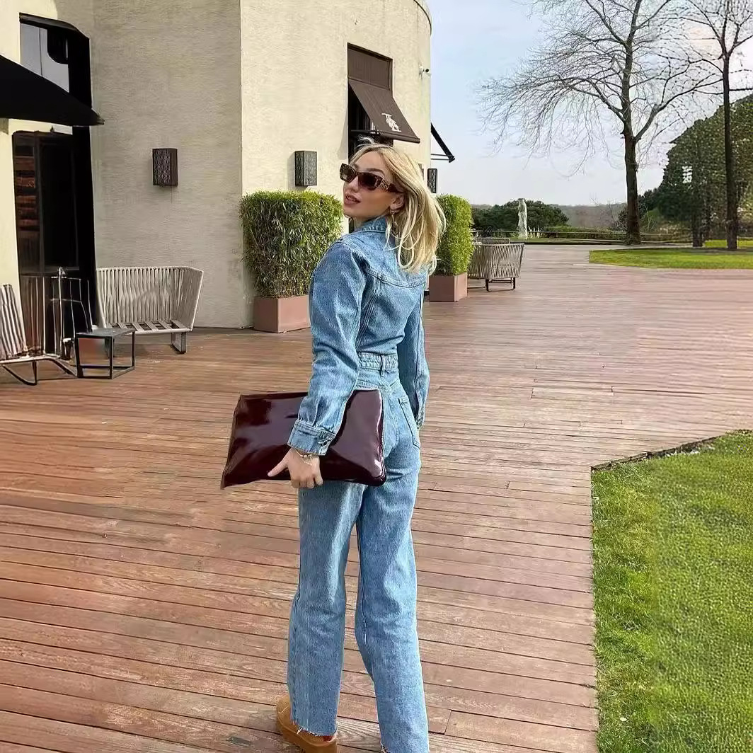 Women's Clothing Spring and Autumn New Women's Suit Collar Pocket Decoration Waist Straight Denim Jumpsuit Trousers_voghion.com
