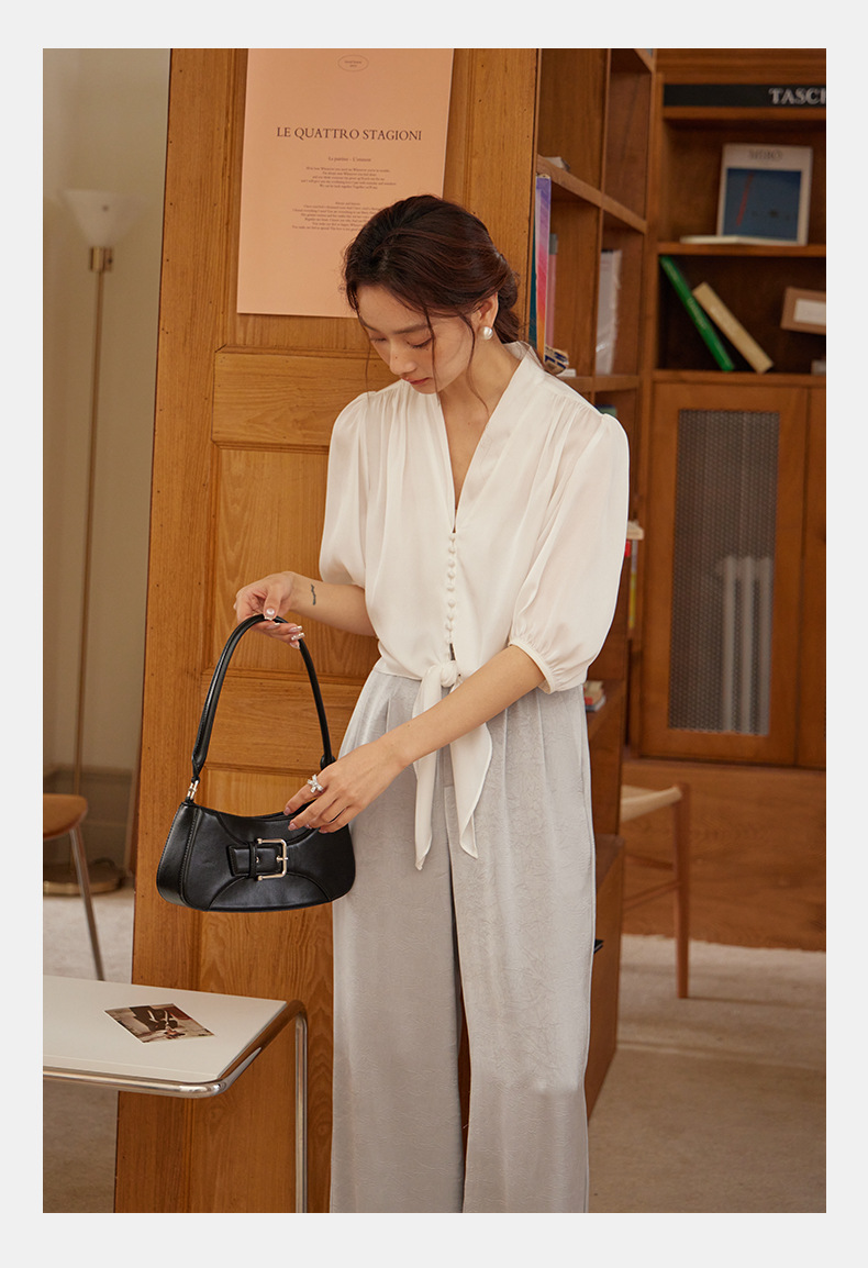 起范2024夏季新品法式知性优雅V领女士衬衫宽松显瘦缎面衬衣82911 pic 18